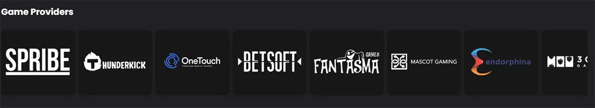 Game providers section displaying logos of Spribe, Thunderkick, OneTouch, Betsoft, Fantasma Games, Mascot Gaming, Endorphina, and 3 Oaks Gaming