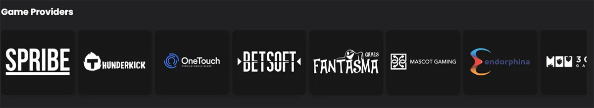 Game providers section displaying logos of Spribe, Thunderkick, OneTouch, Betsoft, Fantasma Games, Mascot Gaming, Endorphina, and 3 Oaks Gaming