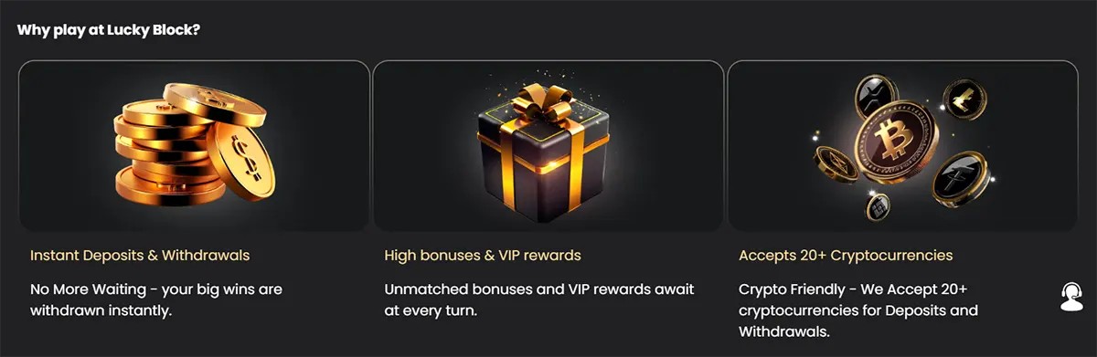 Coins illustration in instant payments feature  Gift box graphic used in bonus rewards section  Cryptocurrency symbols shown in crypto payments feature