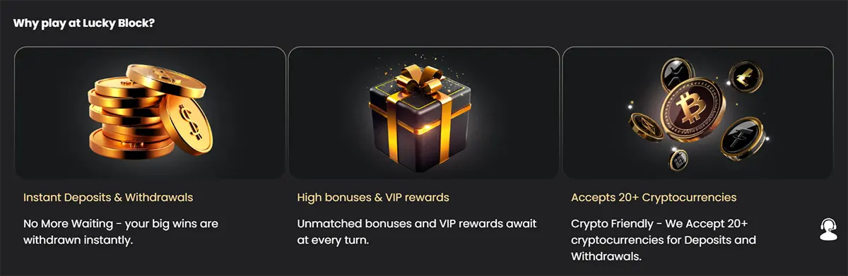 Coins illustration in instant payments feature  Gift box graphic used in bonus rewards section  Cryptocurrency symbols shown in crypto payments feature