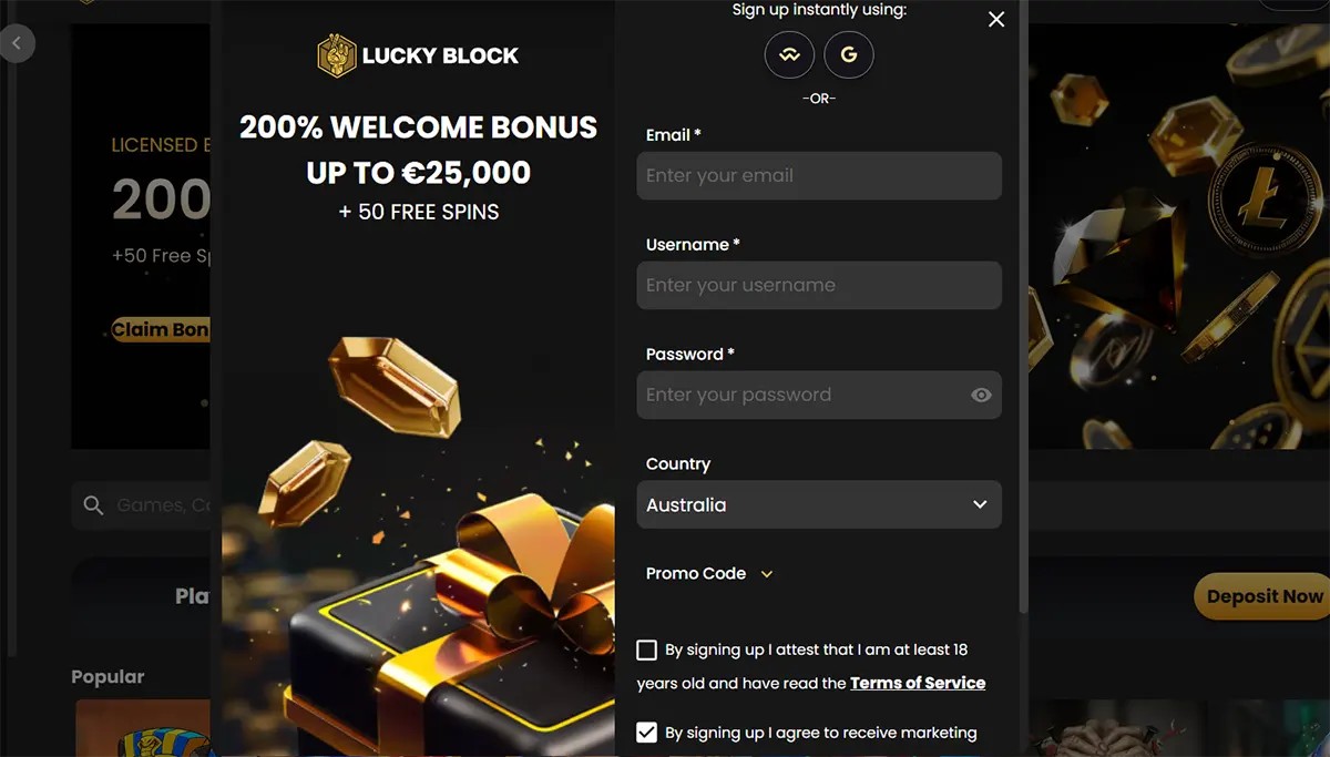 Casino sign up popup showing welcome bonus offer and user registration form