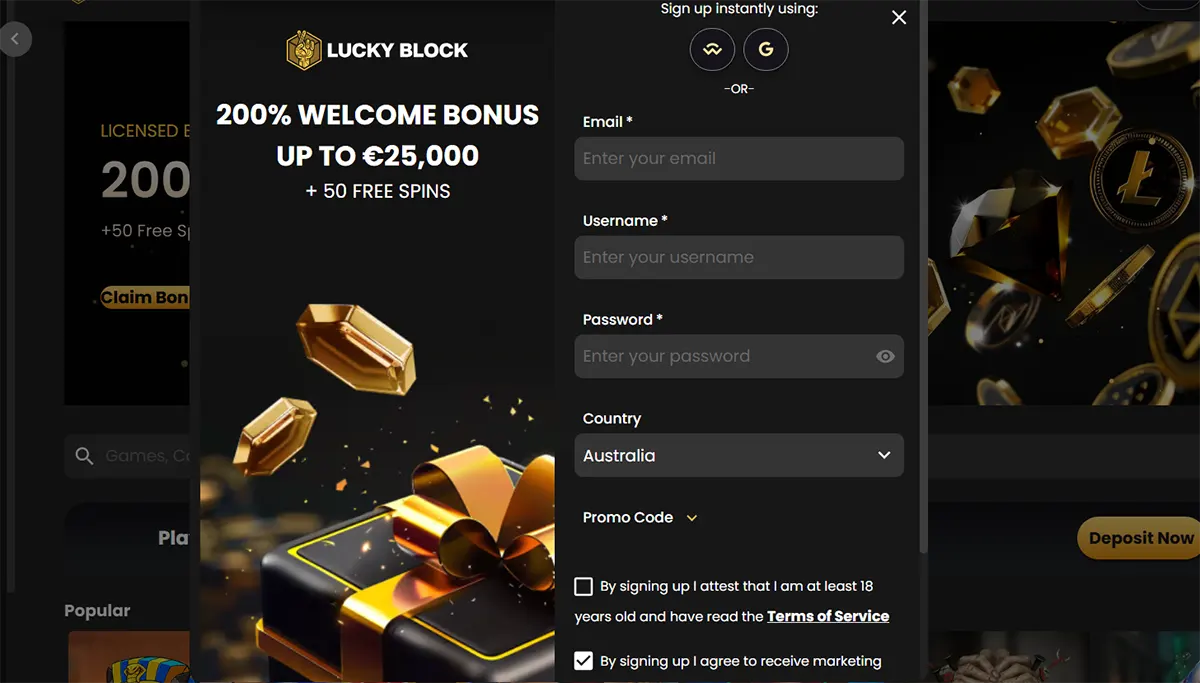 Casino sign up popup showing welcome bonus offer and user registration form